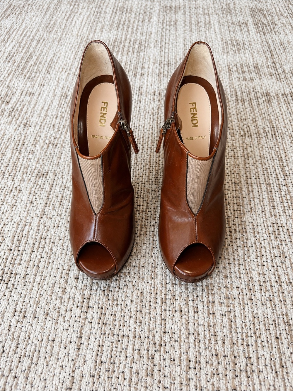 Fendi Brown Leather Peep-Toe Heeled Booties